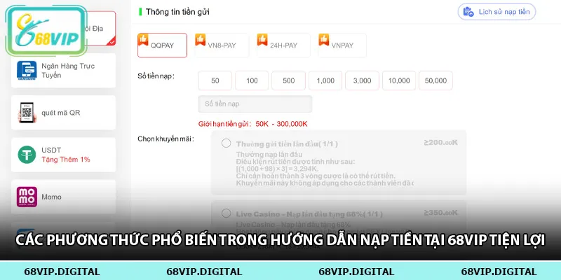 Các phương thức phổ biến trong hướng dẫn nạp tiền tại 68vip tiện lợi